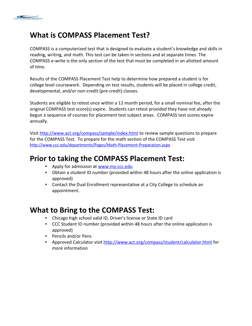 COMPASS 2015 Placement Exam Overview
