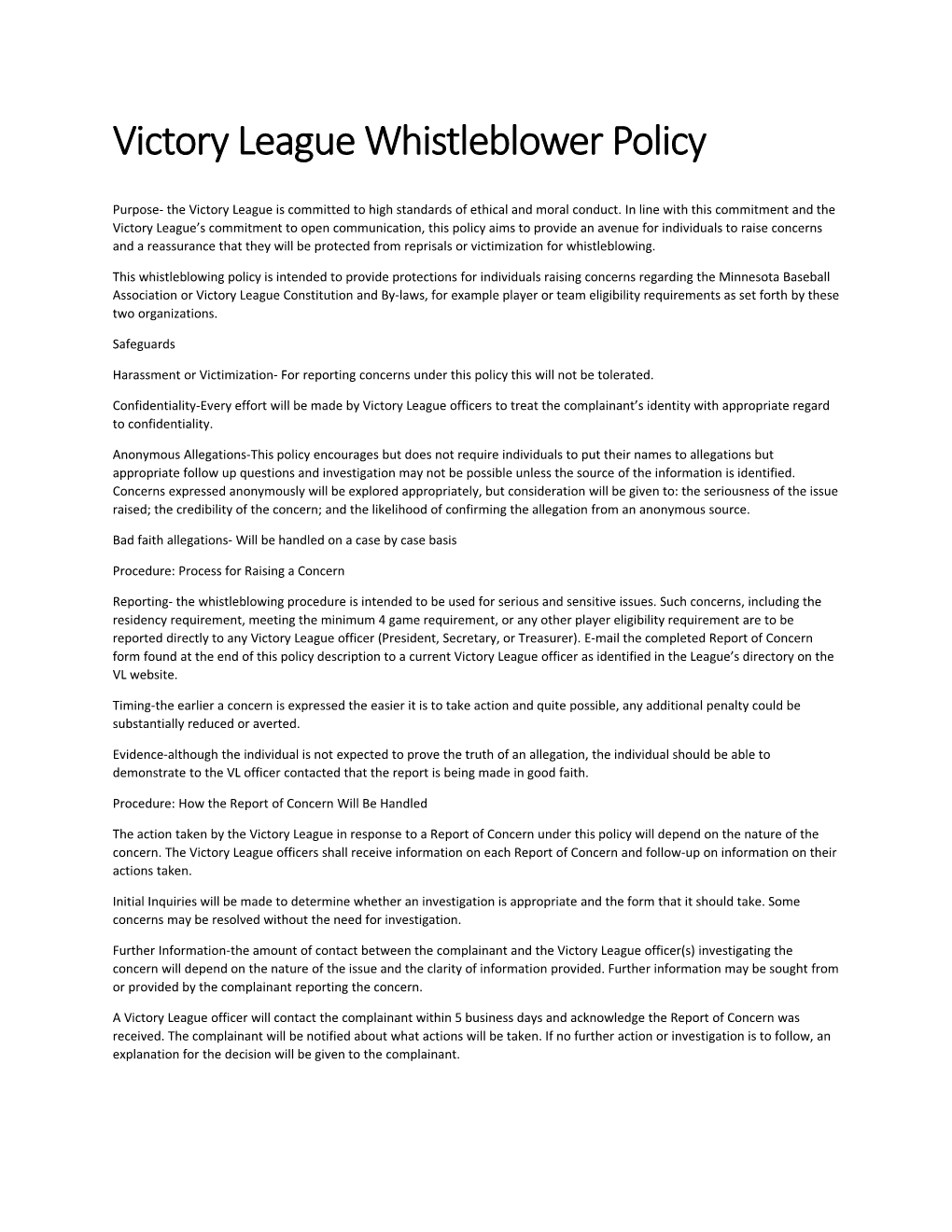 Victory League Whistleblower Policy