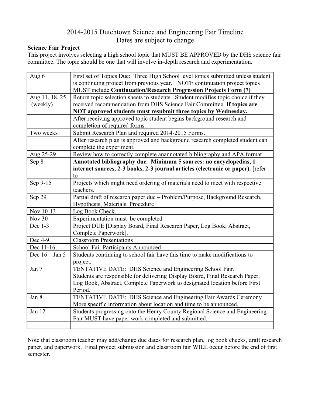 2014-2015Dutchtown Science and Engineering Fair Timeline