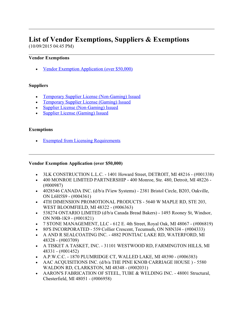 List of Vendor Exemptions, Suppliers & Exemptions (10/09/2015 04:45 PM)