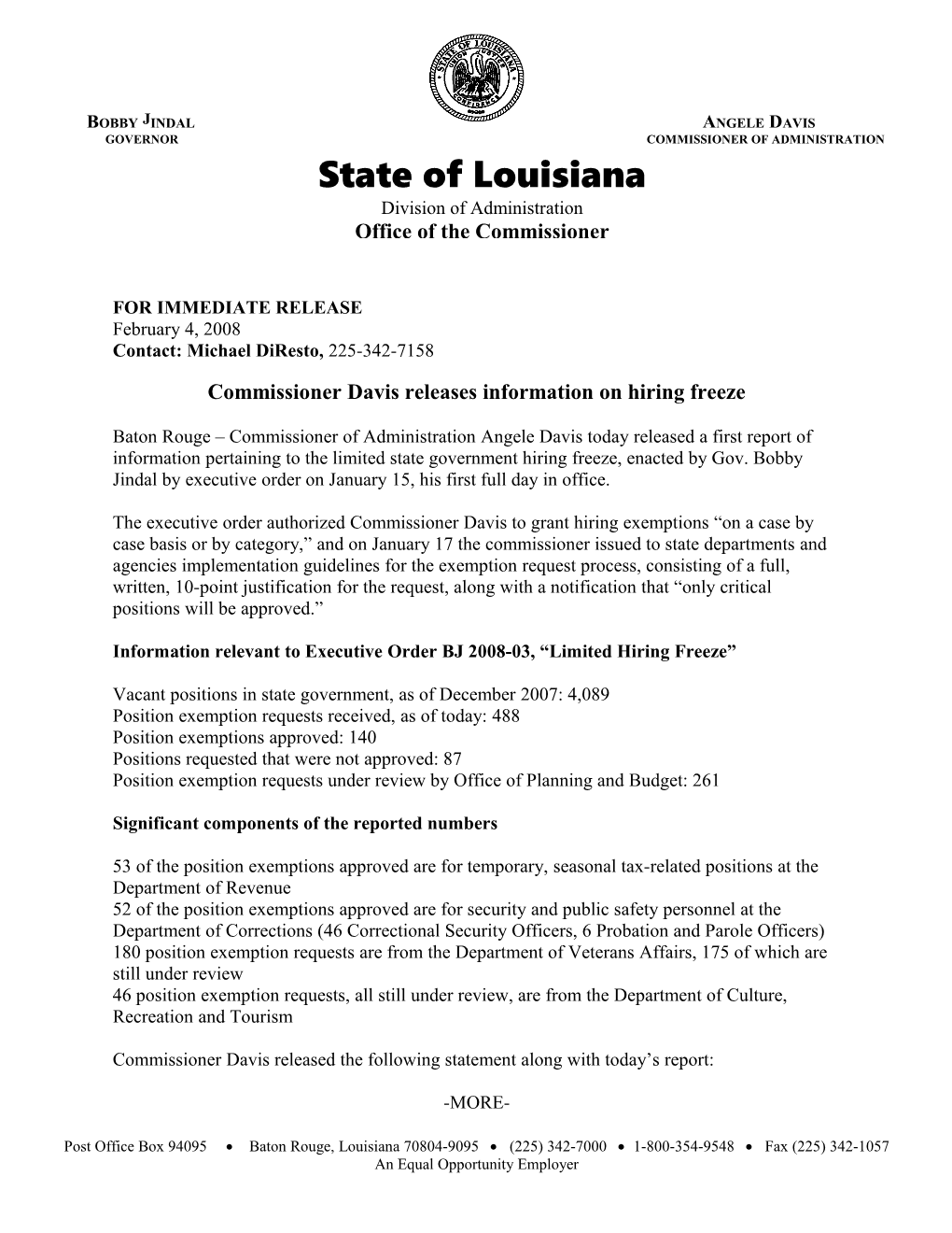 Commissioner Davis Releases Information on Hiring Freeze