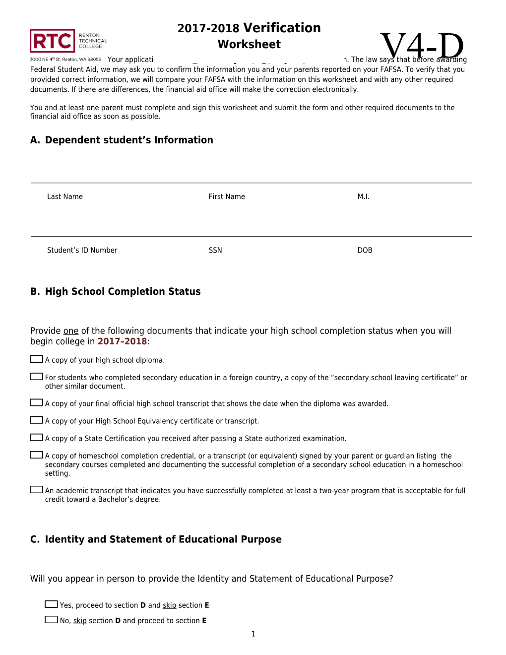 You and at Least One Parent Must Complete and Sign This Worksheet and Submit the Form And