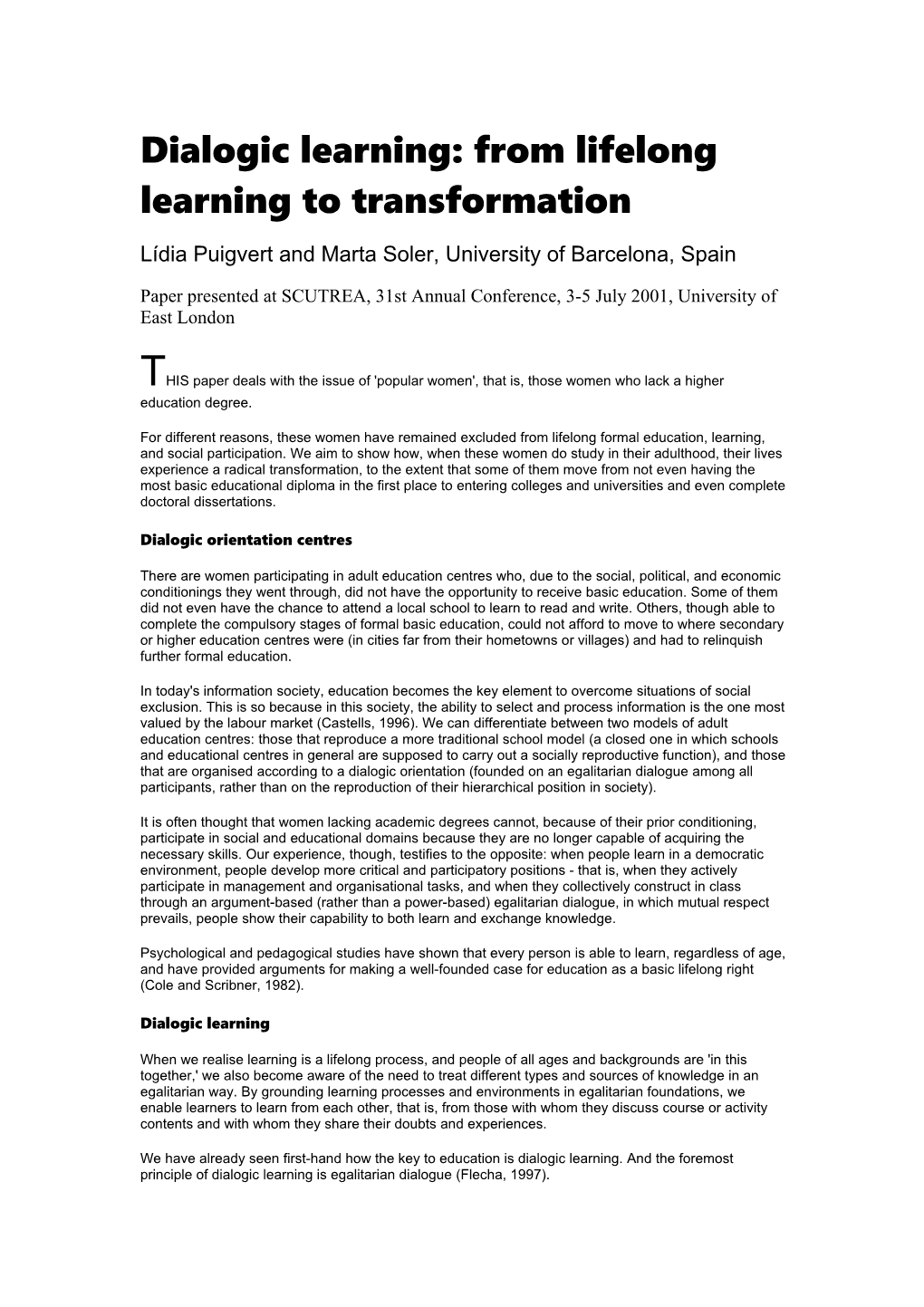 Dialogic Learning: from Lifelong Learning to Transformation