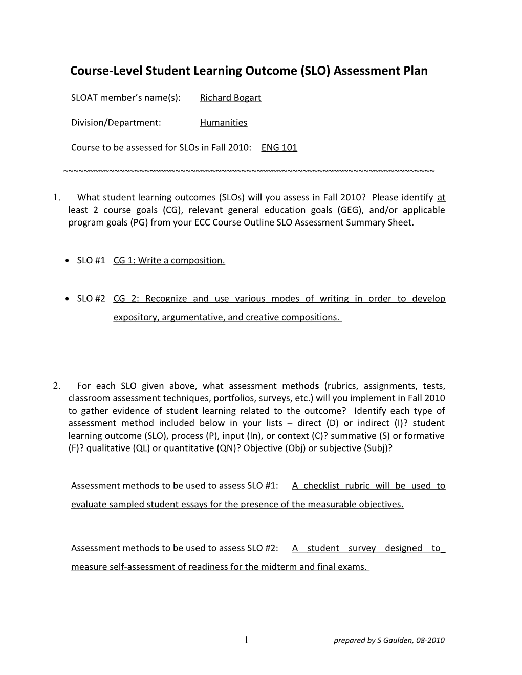 Course-Level Student Learning Outcome (SLO) Assessment Plan