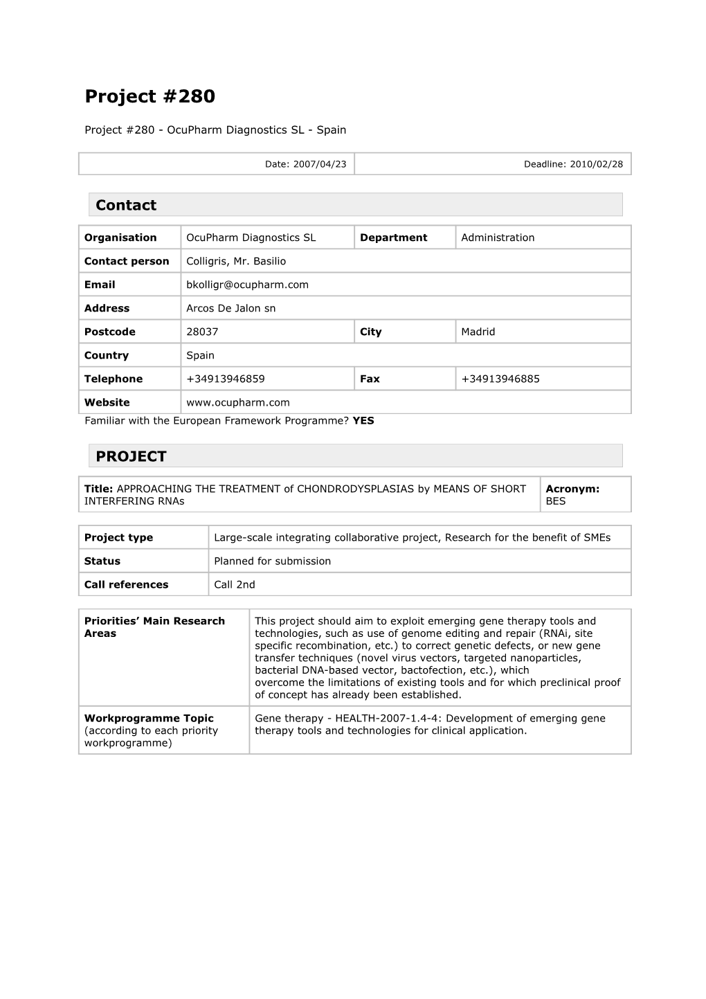 Project #280 - Ocupharm Diagnostics SL - Spain