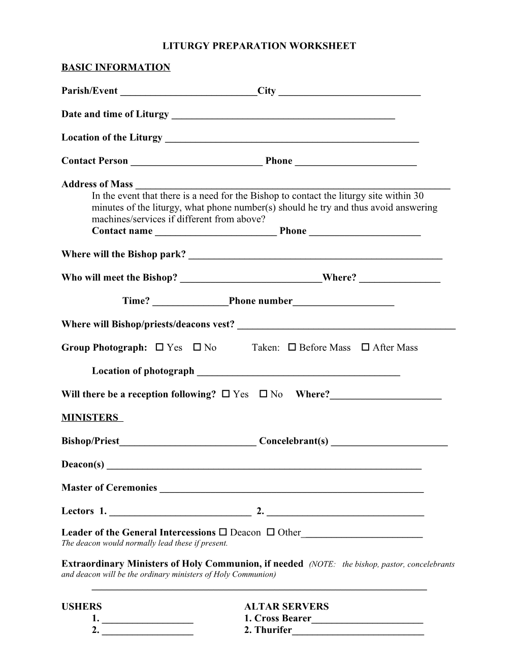 Liturgy Preparation Worksheet