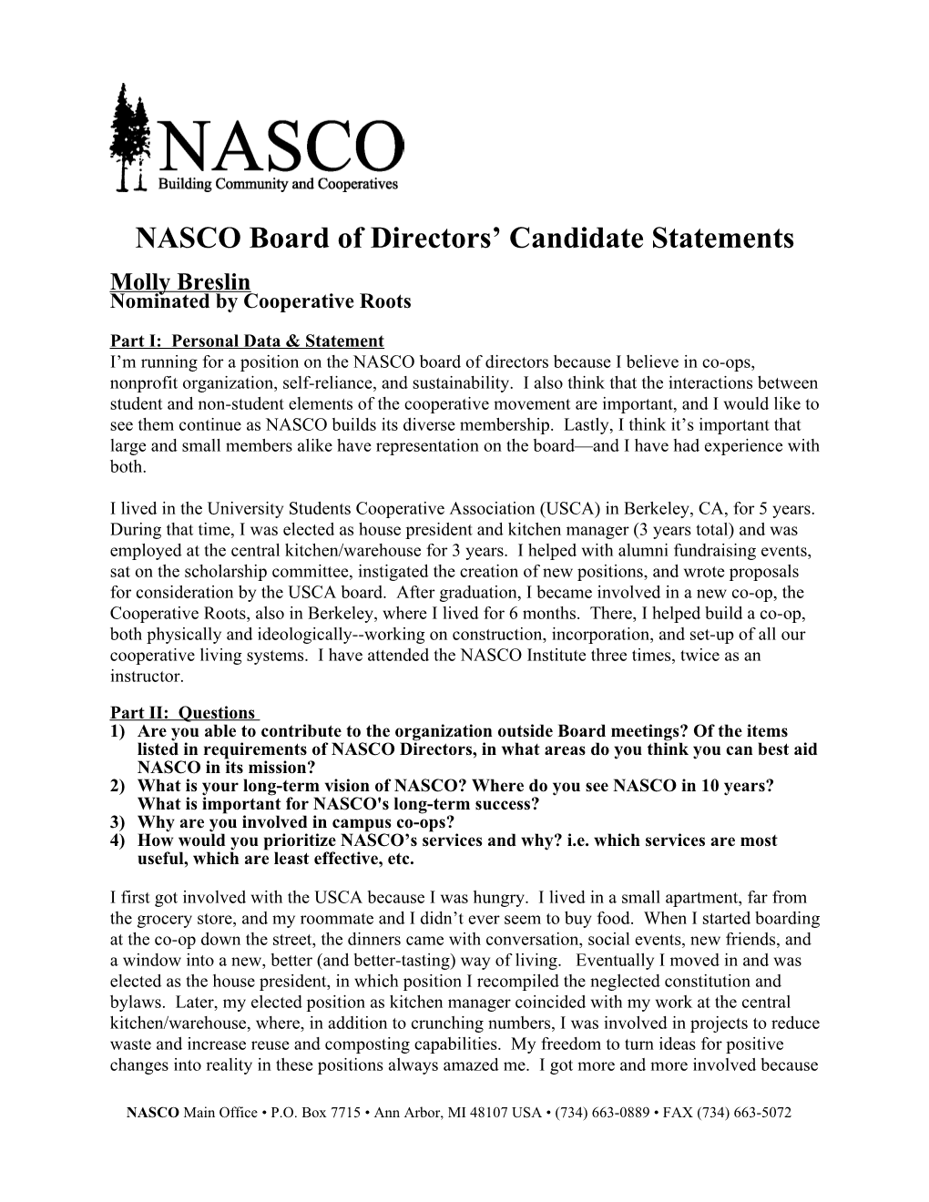 NASCO Board of Directors Candidate Statements