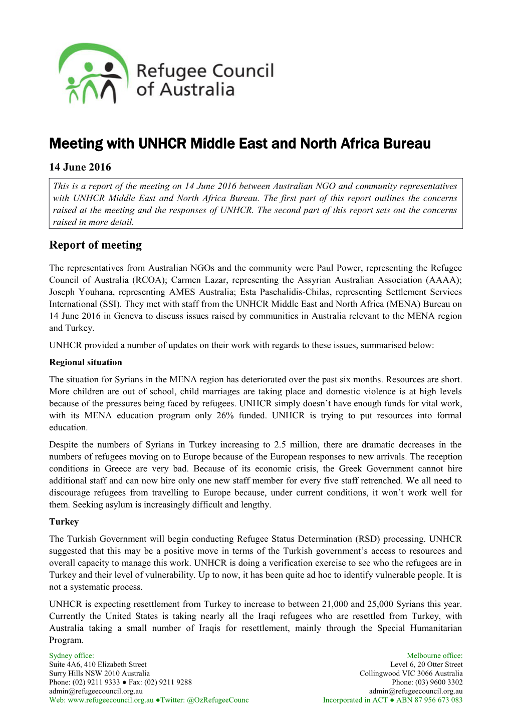 Meeting with UNHCR MENA Bureau 2016