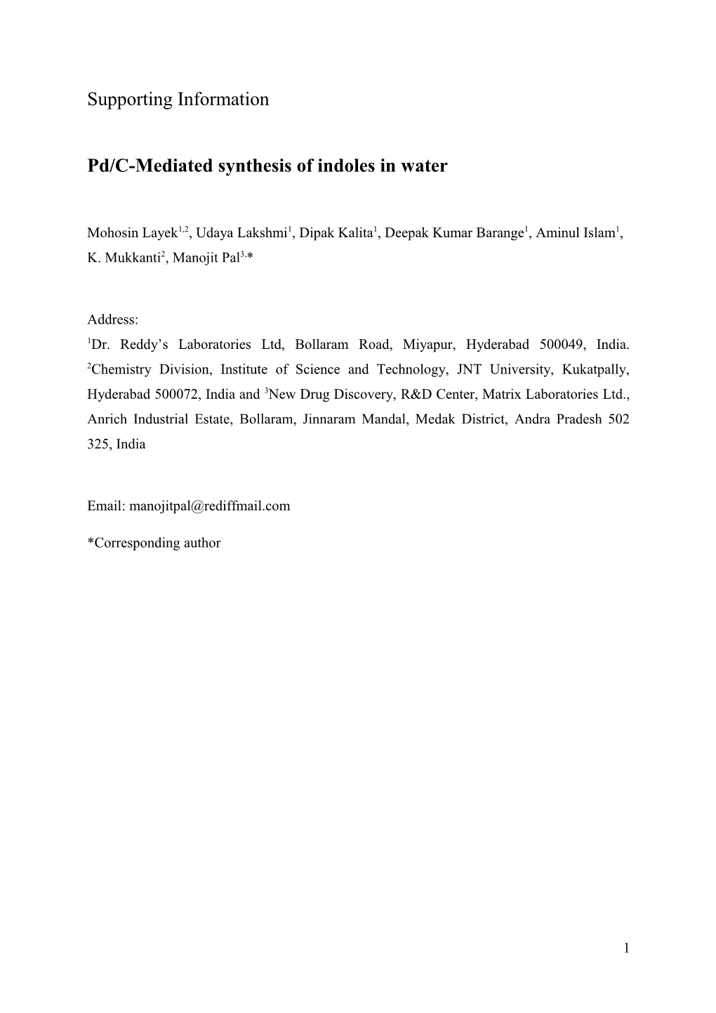 Pd/C-Mediated Indole Synthesis in Water