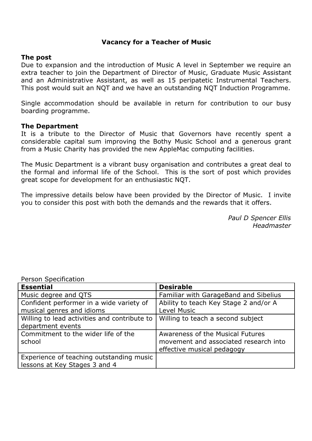 Music Teacher Recruitment, Jan 2014