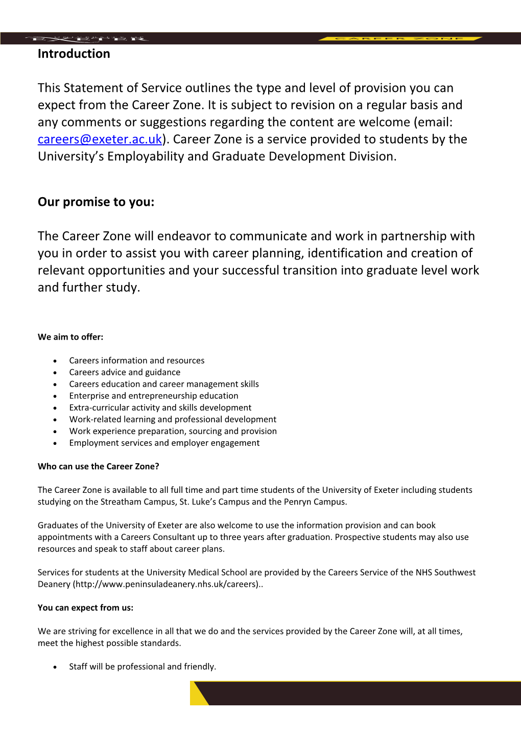 Career Zone Statement of Service