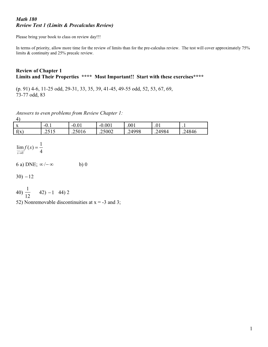 Review Test 1 (Limits & Precalculus Review)