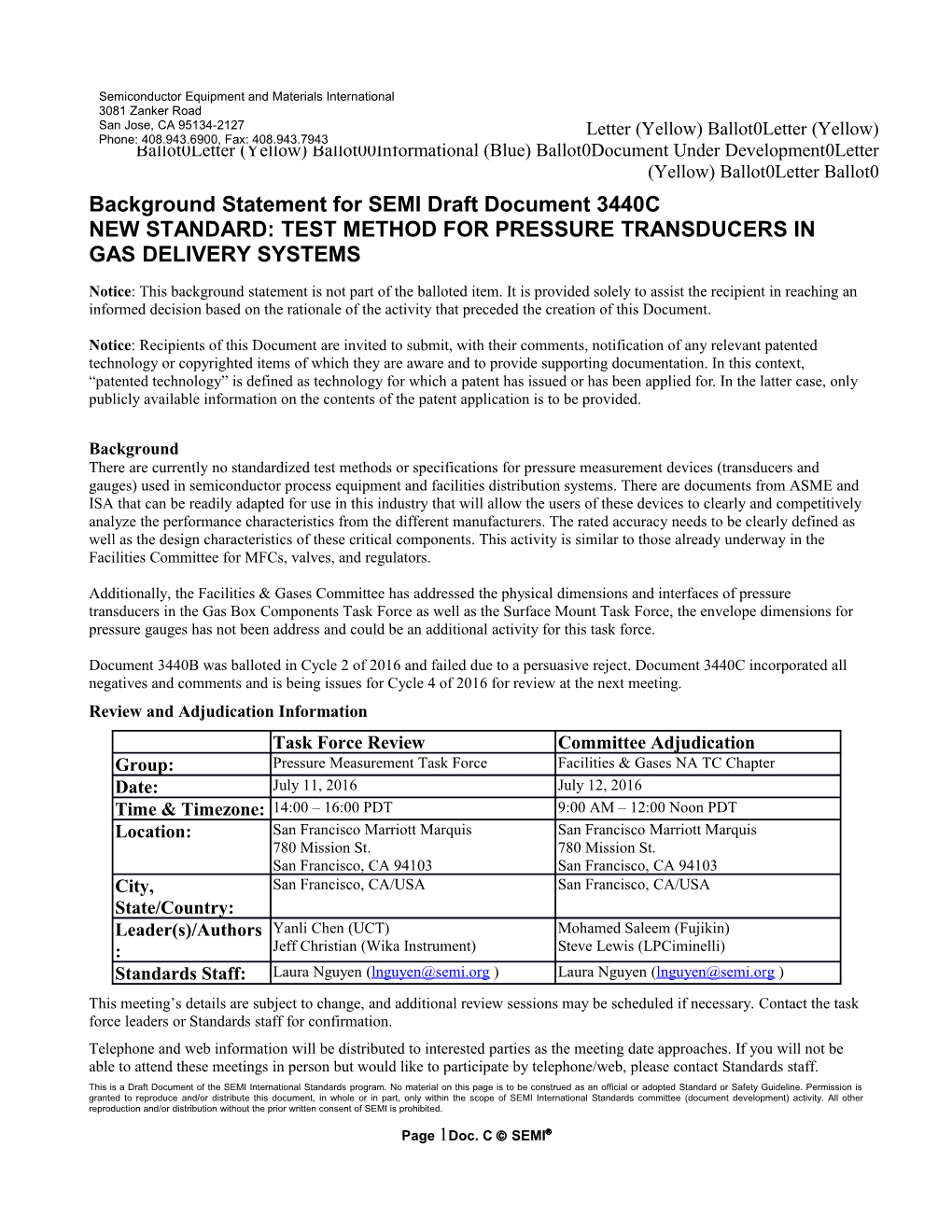 Background Statement for SEMI Draft Document 3440C