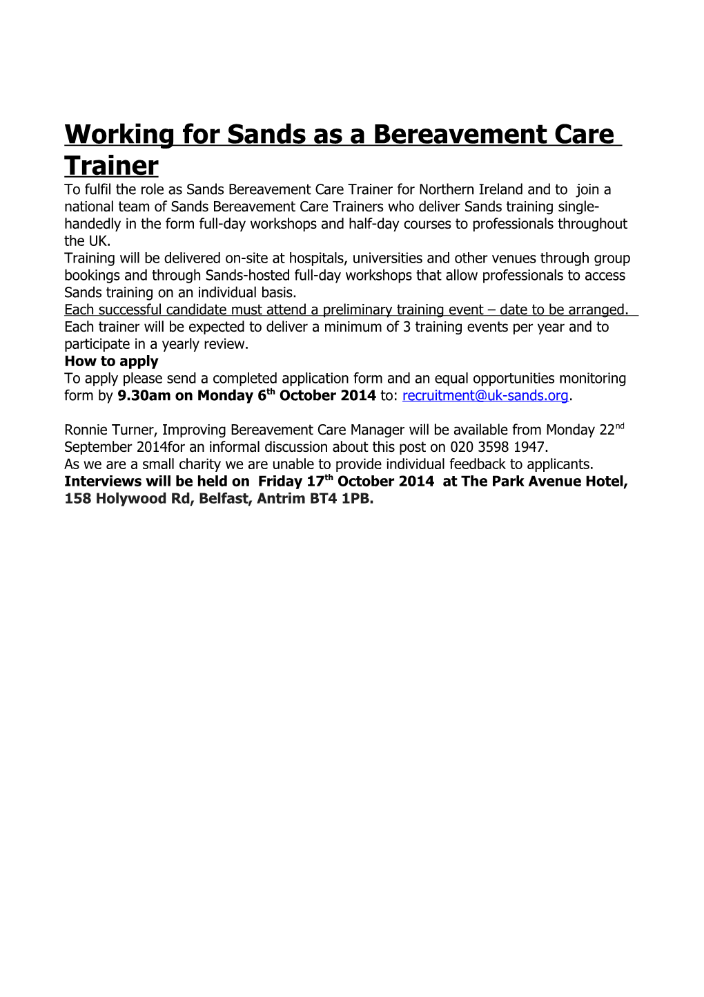 Sands Bereavement Care Trainer Northern Ireland
