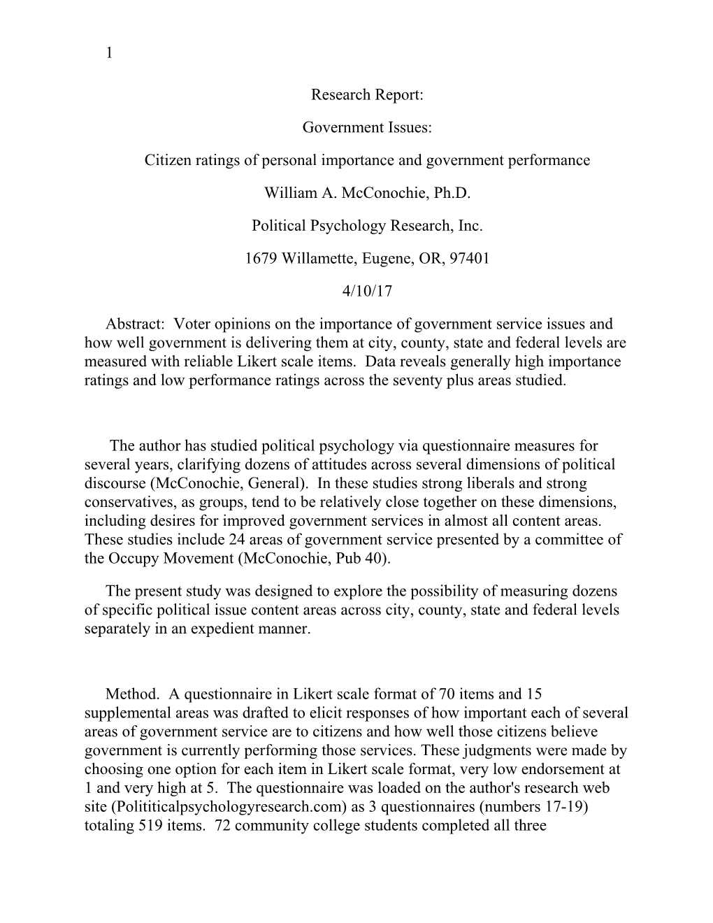 Citizen Ratings of Personal Importance and Government Performance