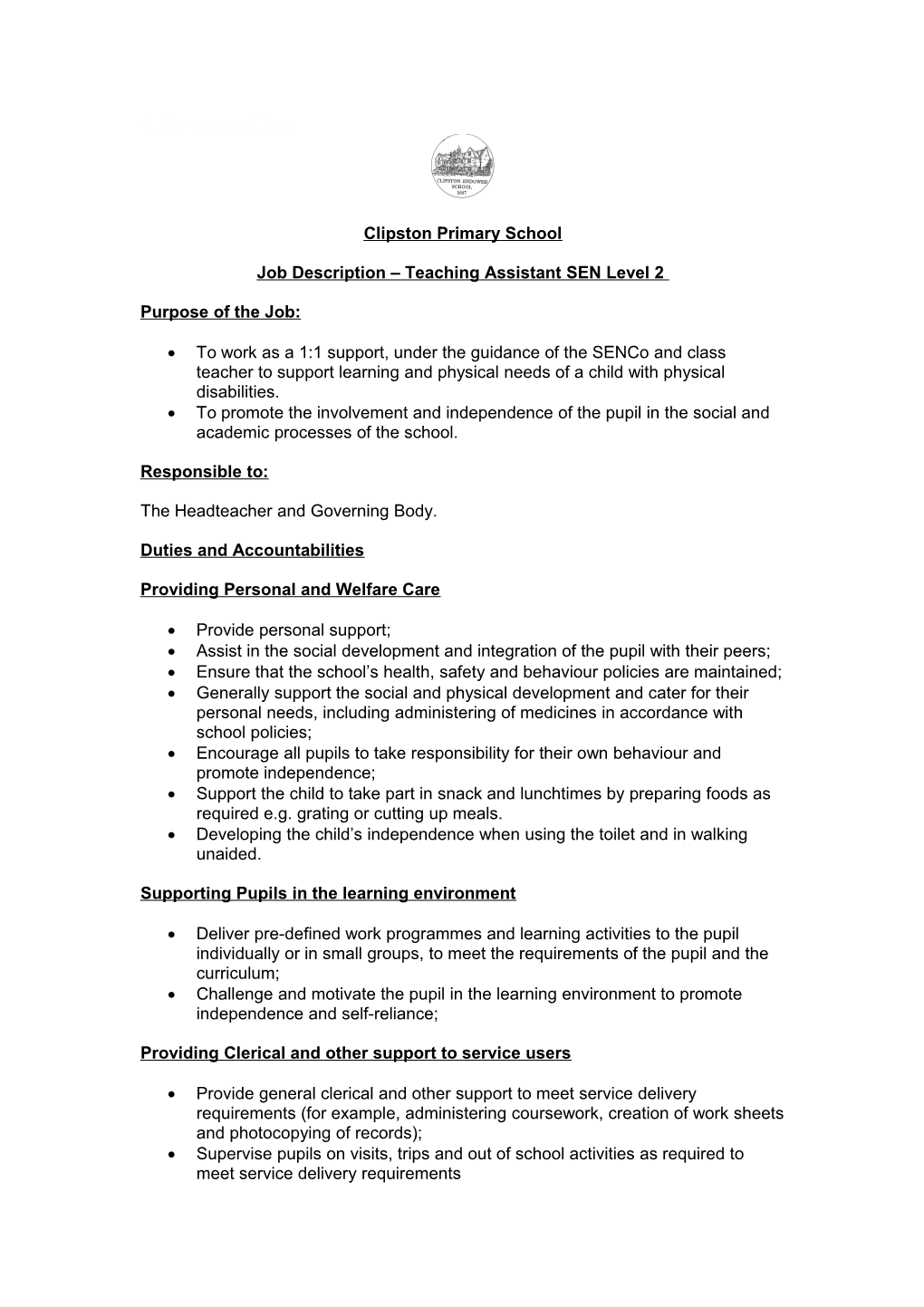 Job Description Teaching Assistant SEN Level 2