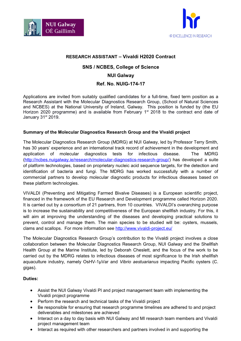 RESEARCH ASSISTANT Vivaldi H2020 Contract