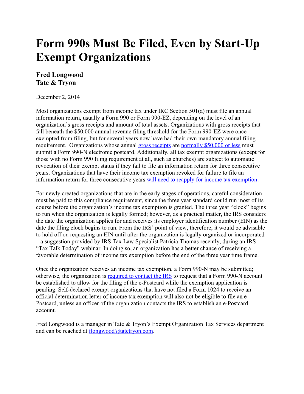 Form 990S Must Be Filed, Even by Start-Up Exempt Organizations