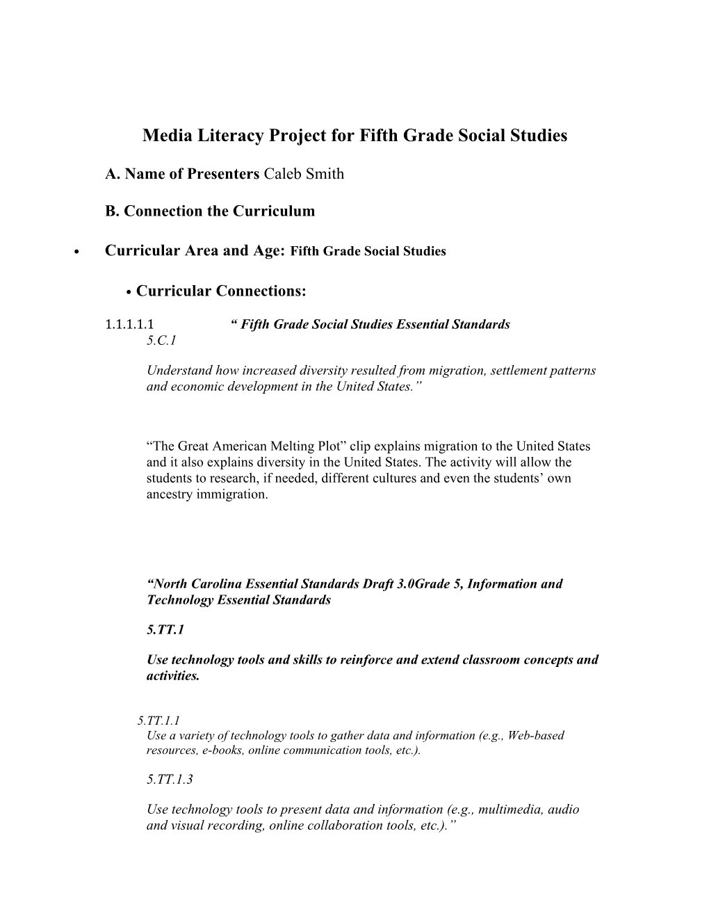 Media Literacy Project for Fifth Grade Social Studies