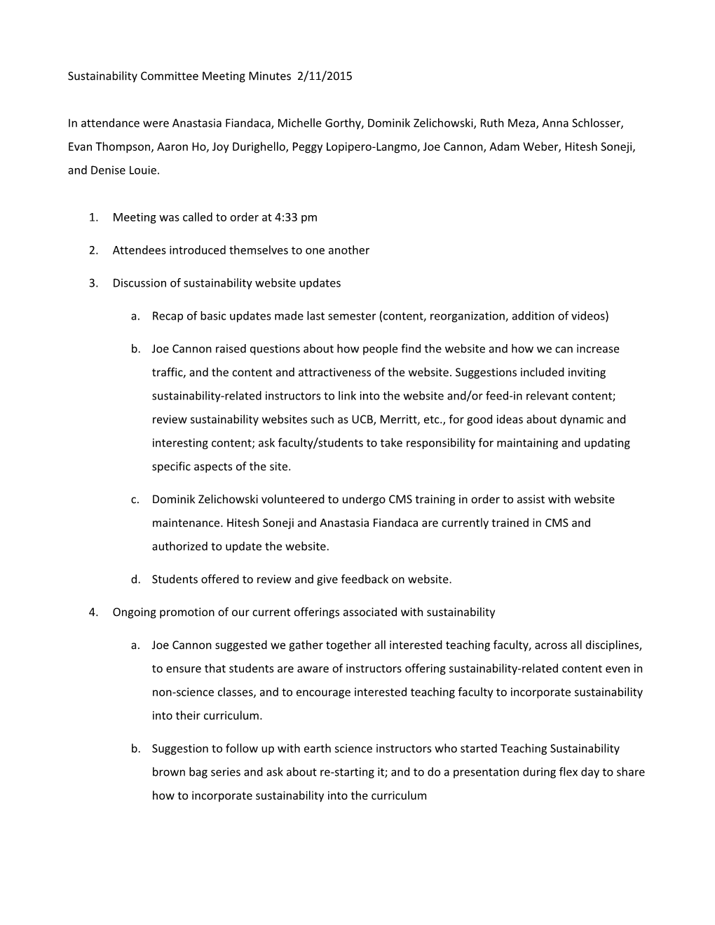 Sustainability Committee Meeting Minutes 2/11/2015