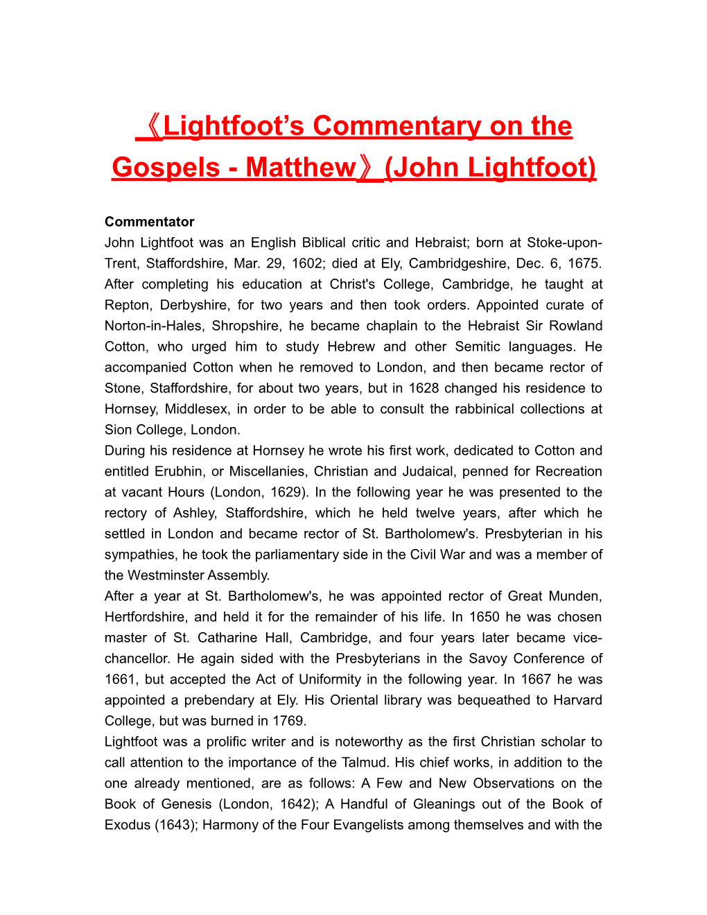 Lightfoot S Commentary on the Gospels - Matthew (John Lightfoot)