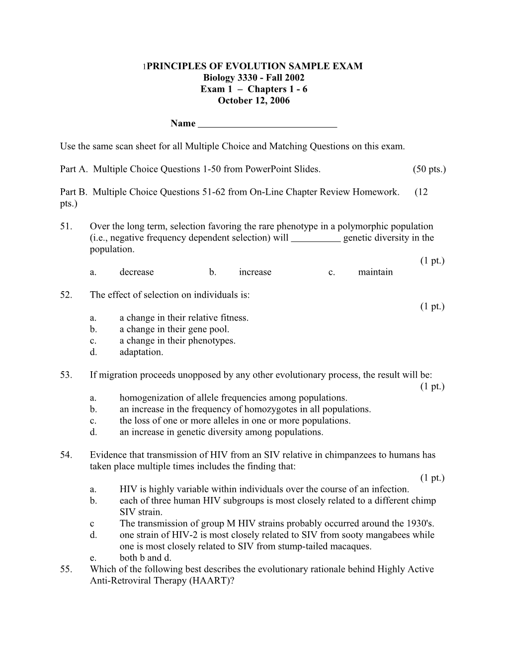 Principles of Evolution Sample Exam