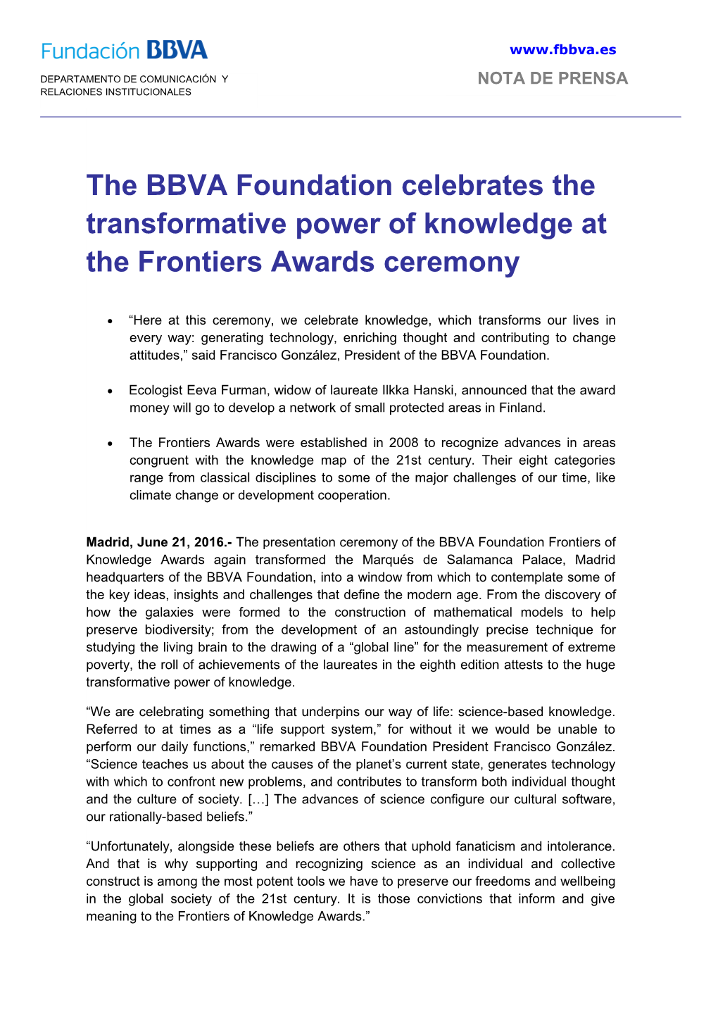 The BBVA Foundation Celebrates the Transformative Power of Knowledge at the Frontiers