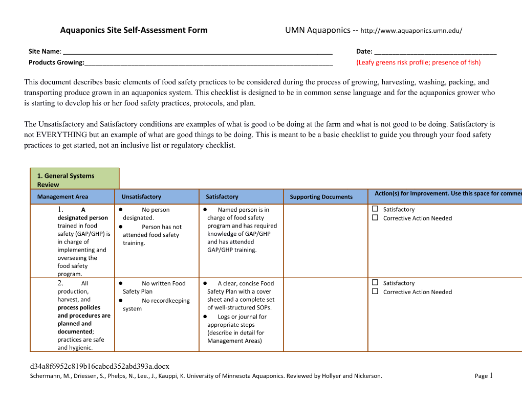 Aquaponics Site Self-Assessment Form UMN Aquaponics