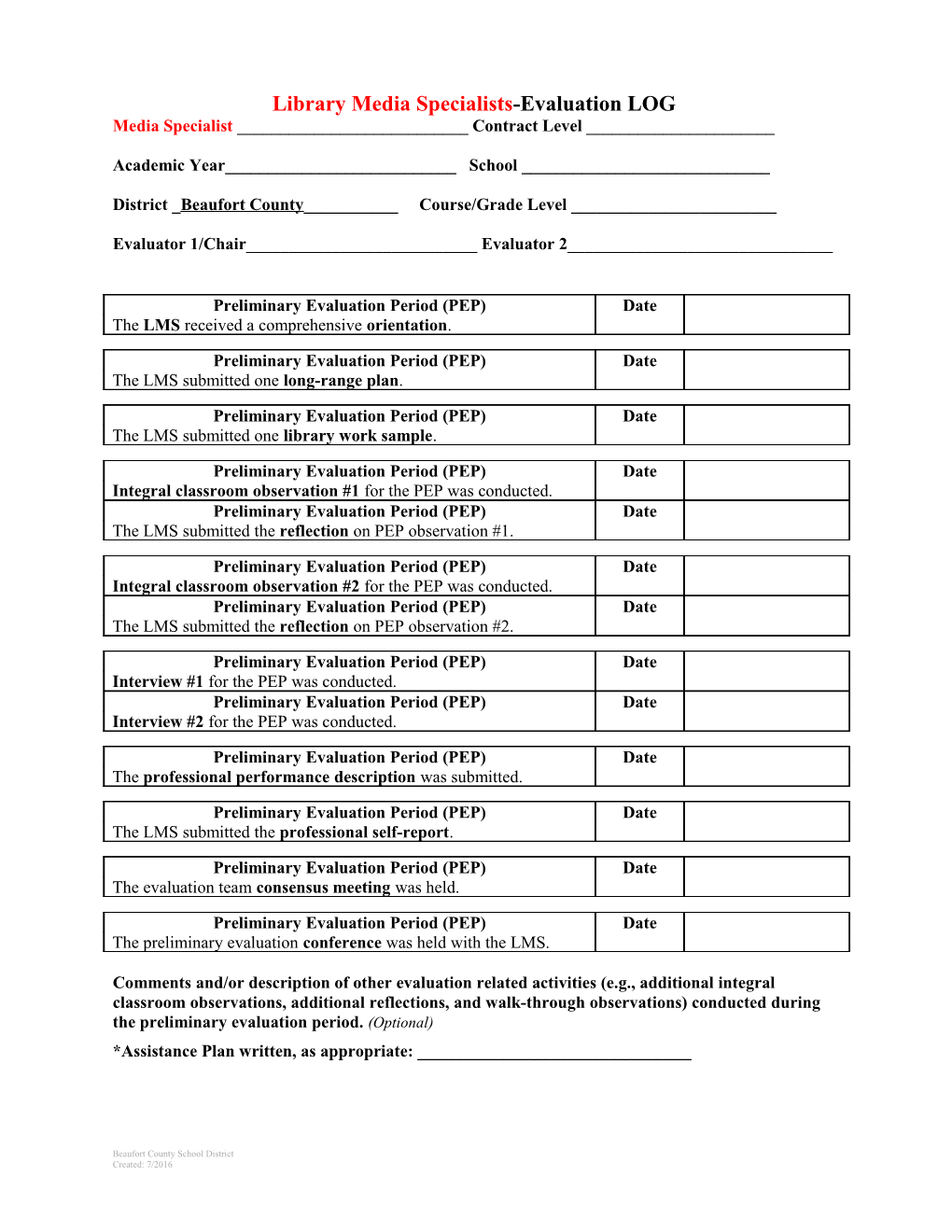 Library Media Specialists-Evaluation LOG