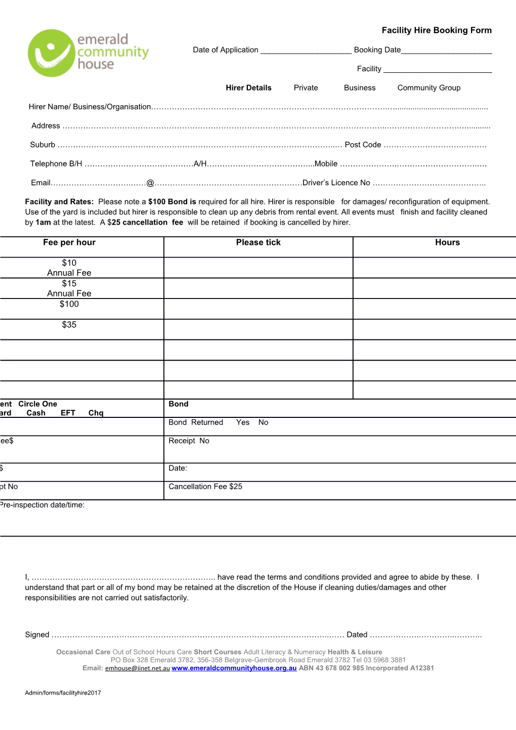 Facility Hire Booking Form