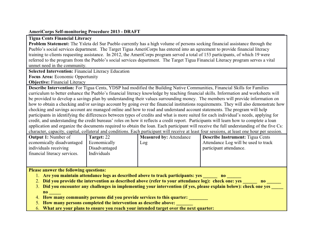 Americorps Self-Monitoring Procedure 2013 - DRAFT