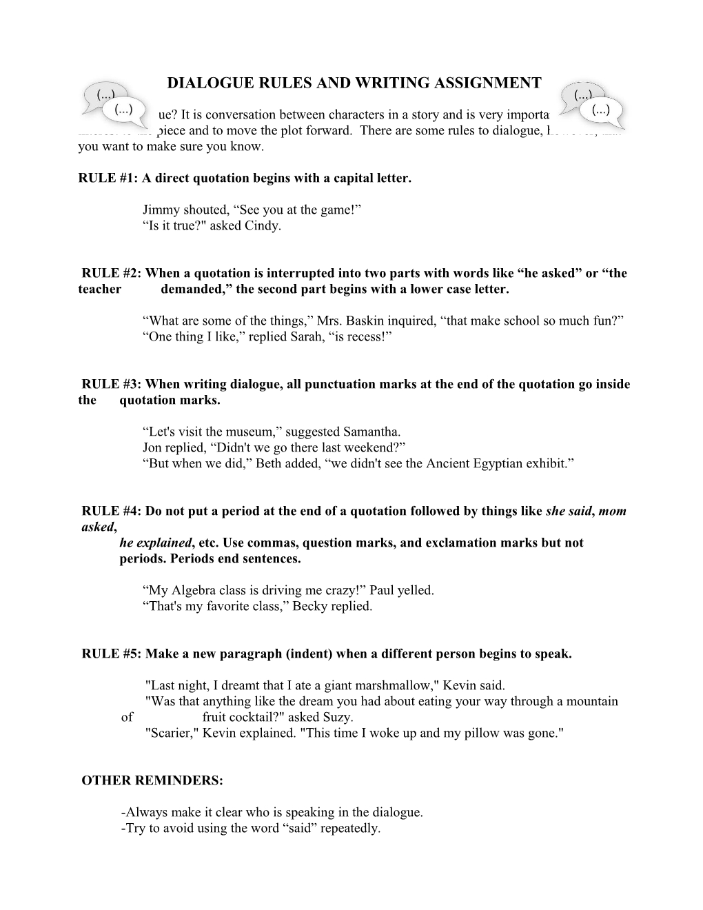 Dialogue Rules, Worksheet, and Writing Assignment