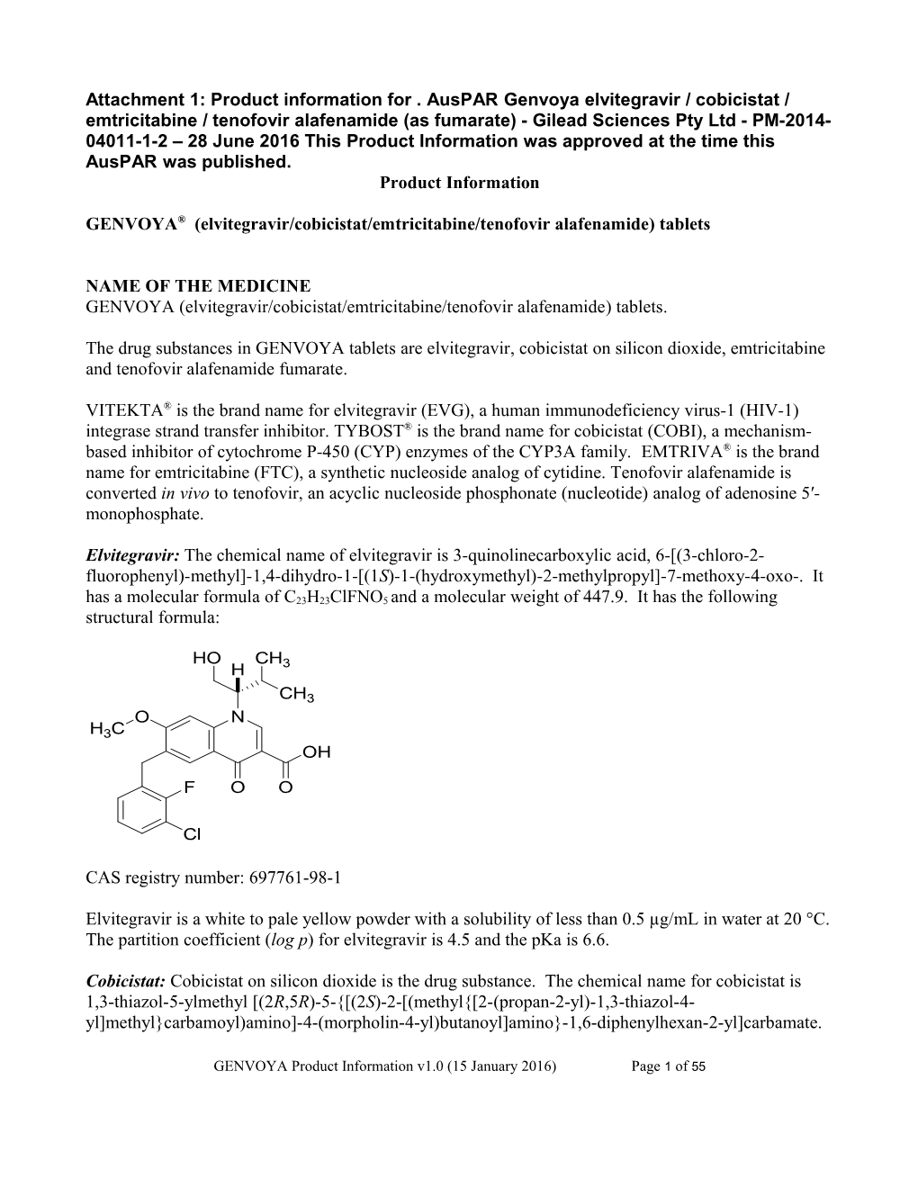 Auspar Attachment 1: Product Information for GENVOYA