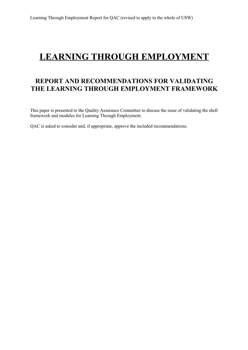 Learning Through Employment Report for QAC (Revised to Apply to the Whole of USW)