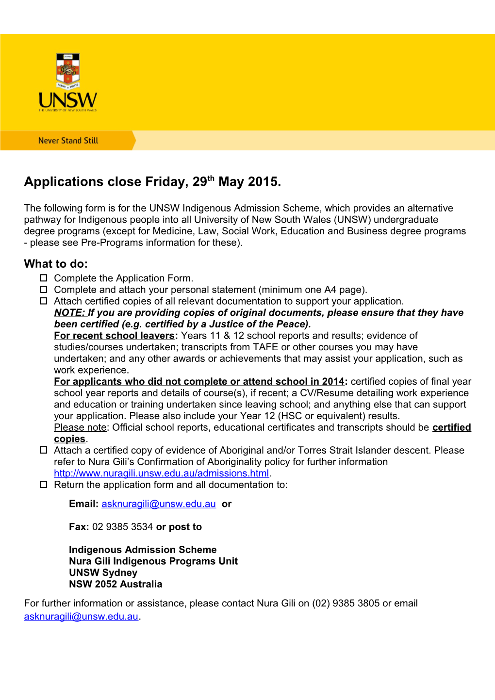 Applications Close Friday, 29Th May 2015