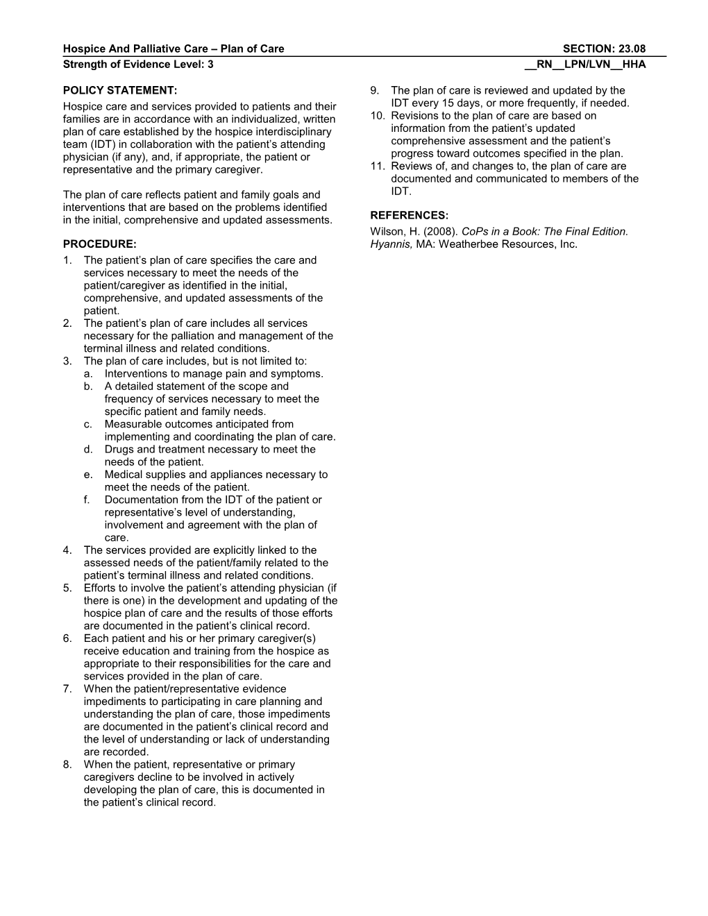 Section Name Plan of Care