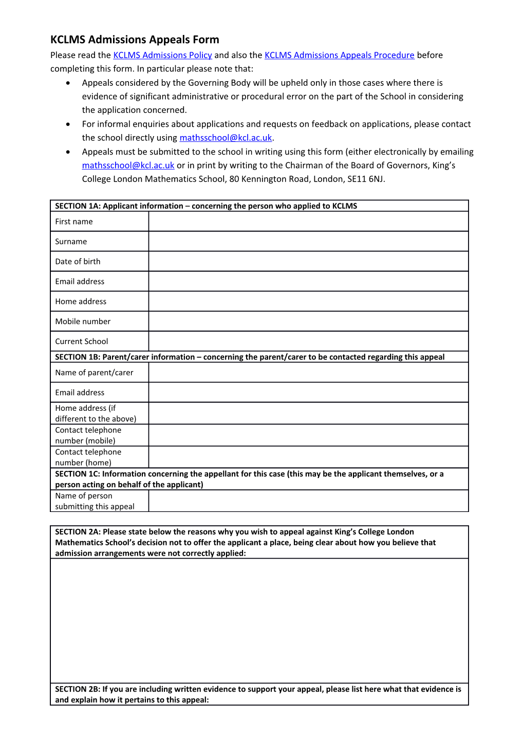 King S College London Mathematics School: Admissions Appeals Form