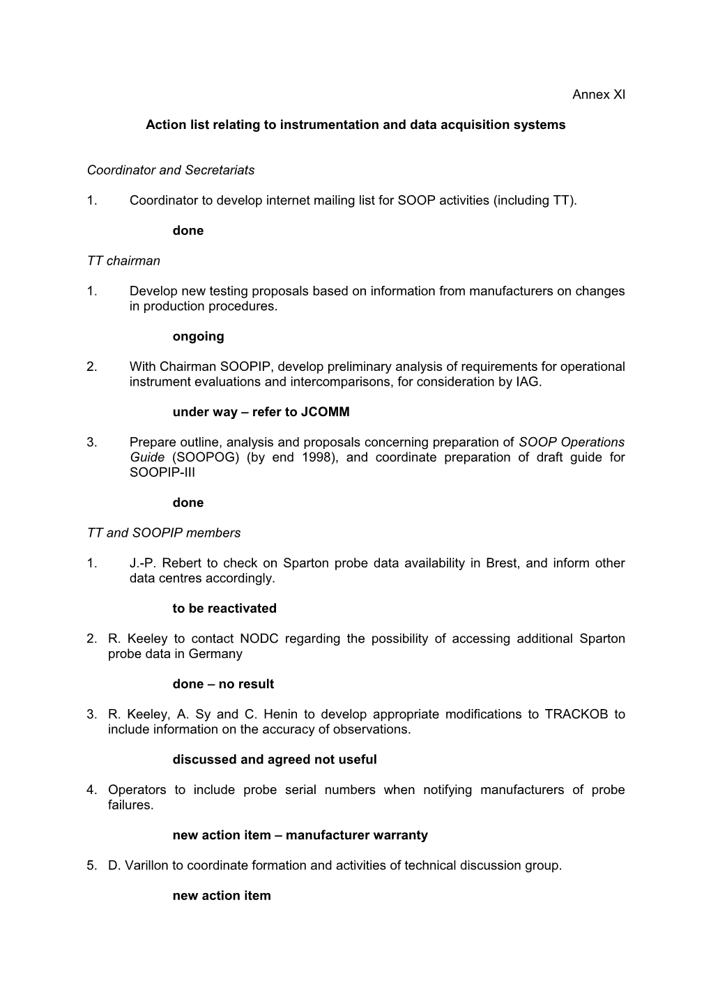 Action List Relating to Instrumentation and Data Acquisition Systems