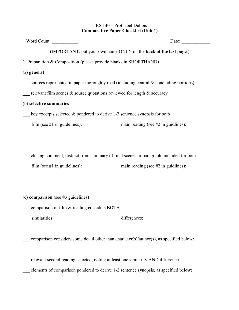 Comparative Paper Checklist (Unit 1)