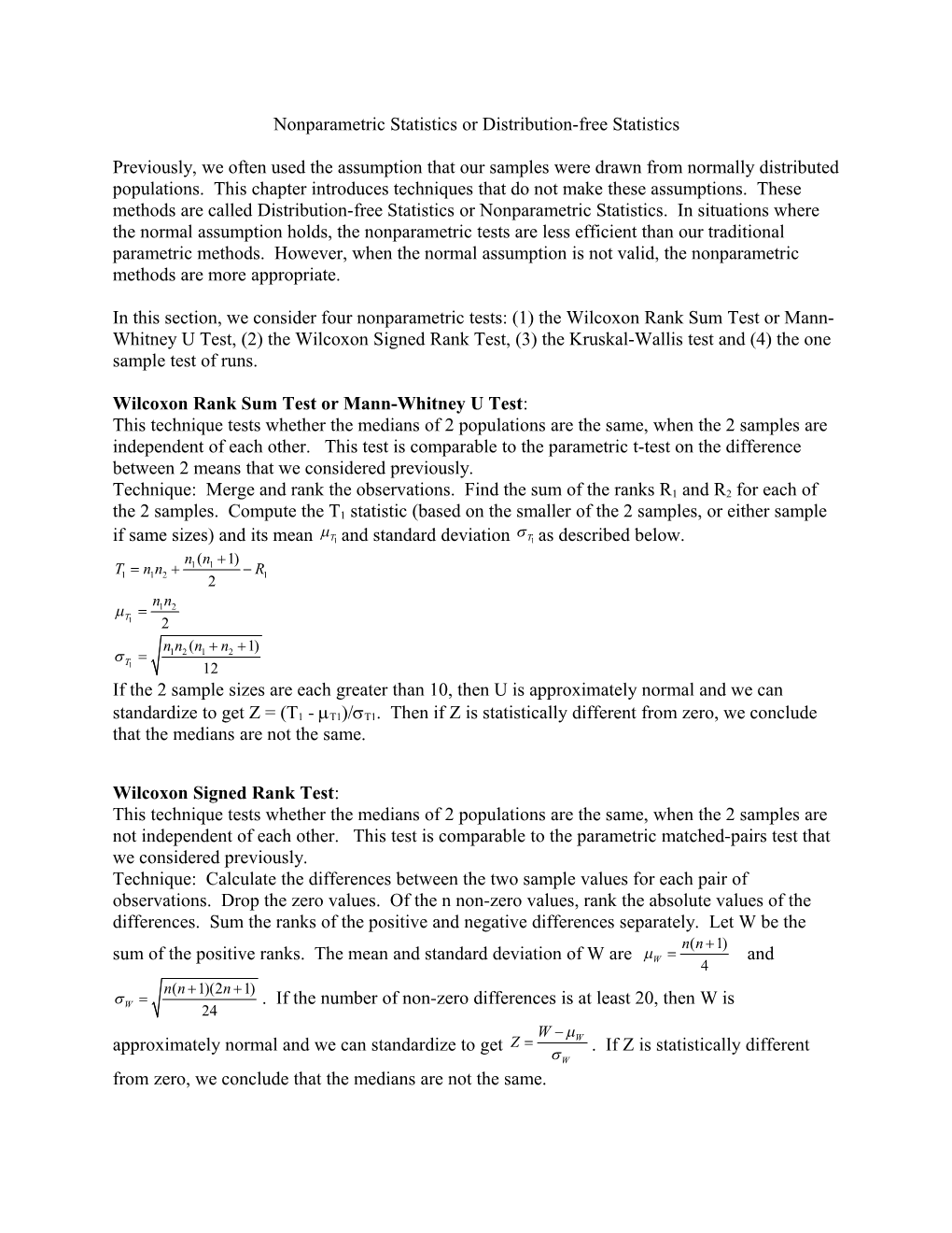 Nonparametric Statistics Or Distribution-Free Statistics