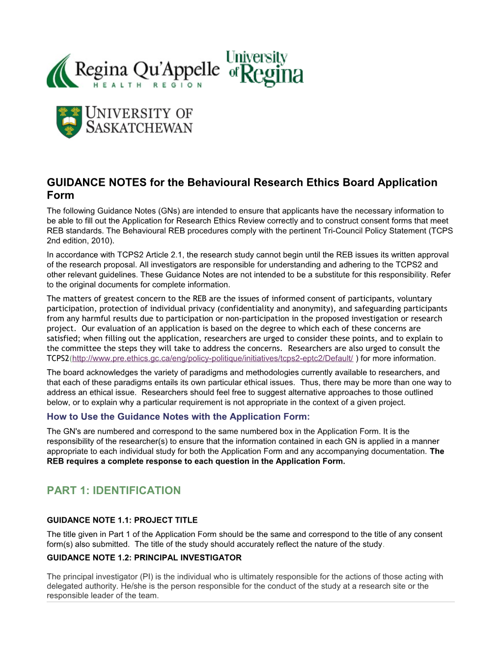 GUIDANCE NOTES for the Behavioural Research Ethics Board Application Form