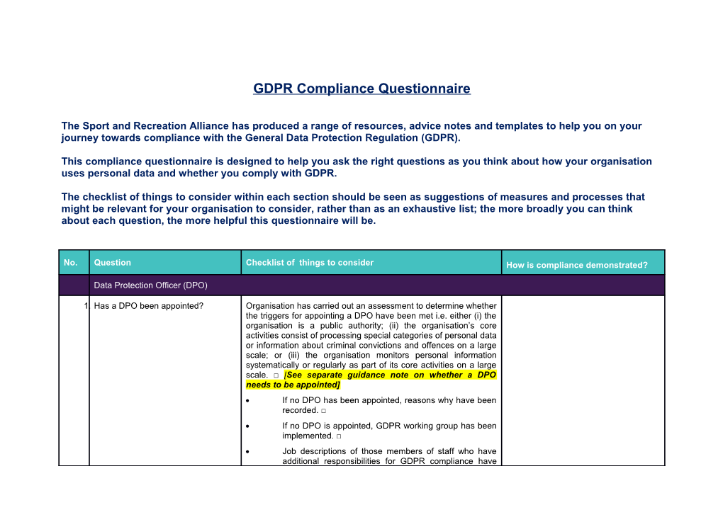 GDPR Compliance Questionnaire