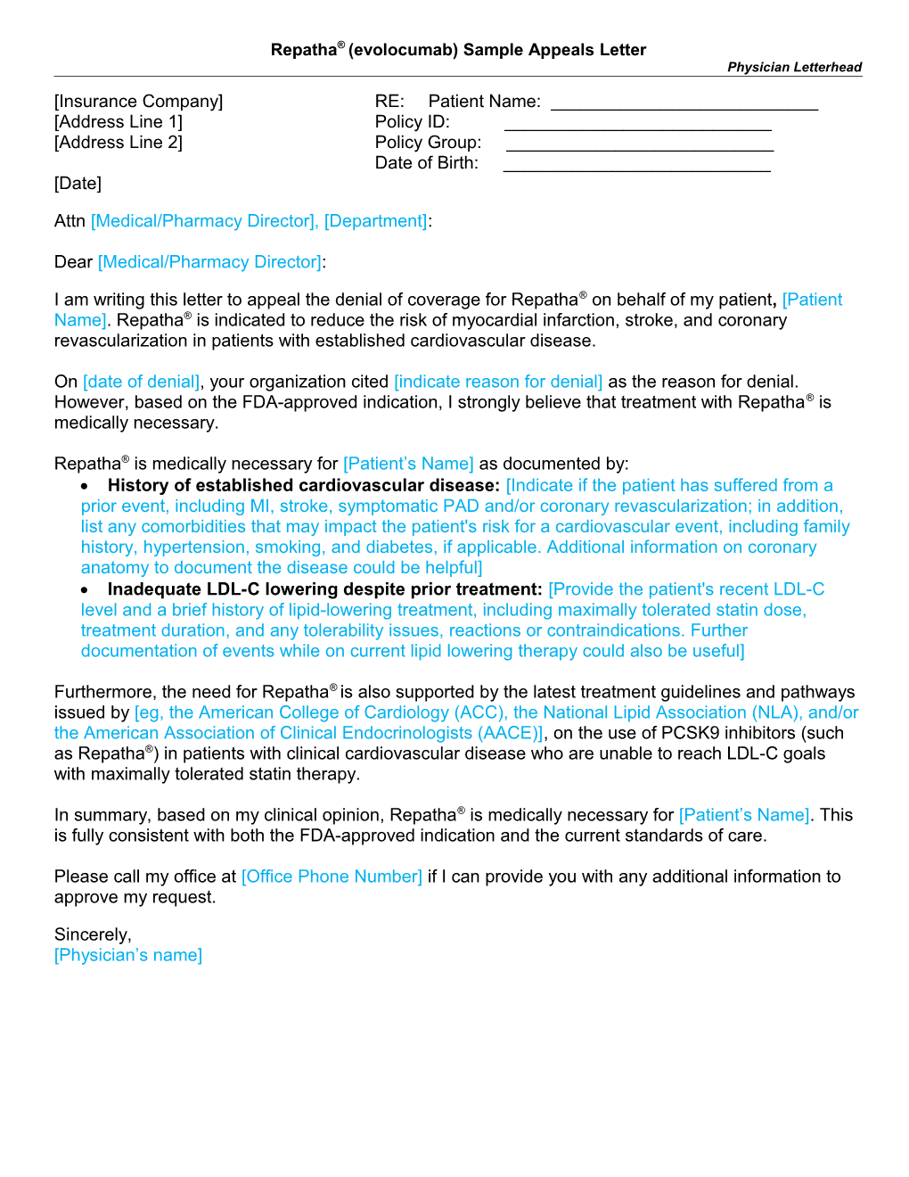 Repatha (Evolocumab)Sampleappeals Letter