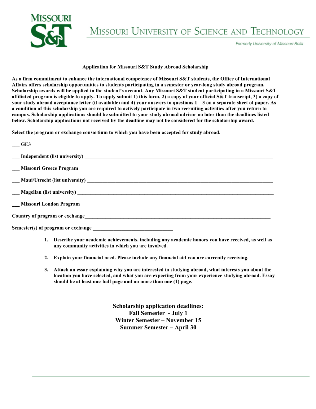 Application for Missouri S&T Study Abroad Scholarship
