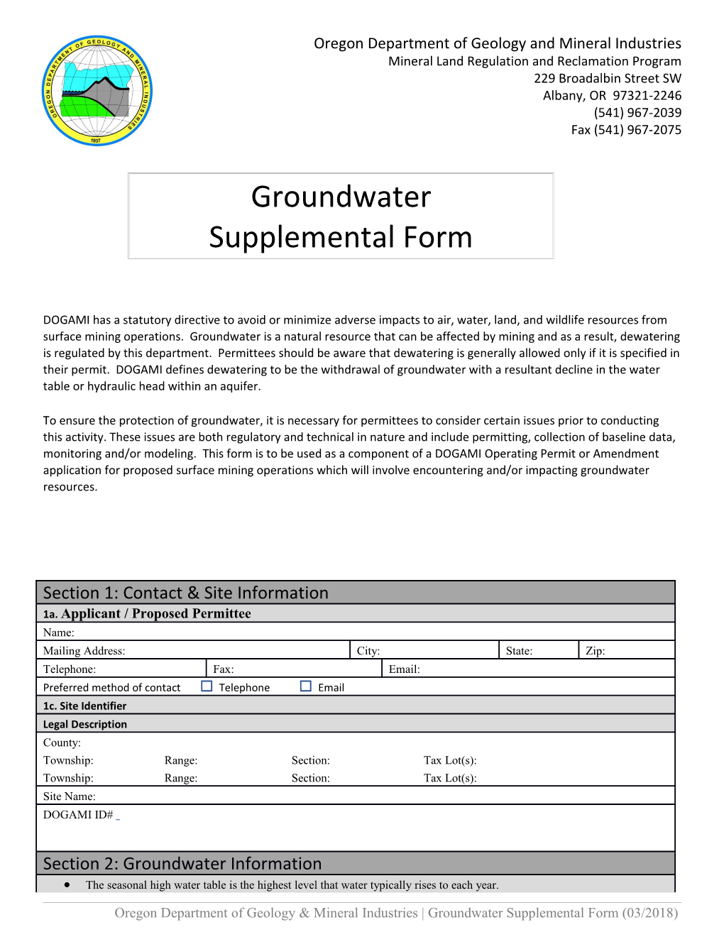 Groundwater Supplemental Form