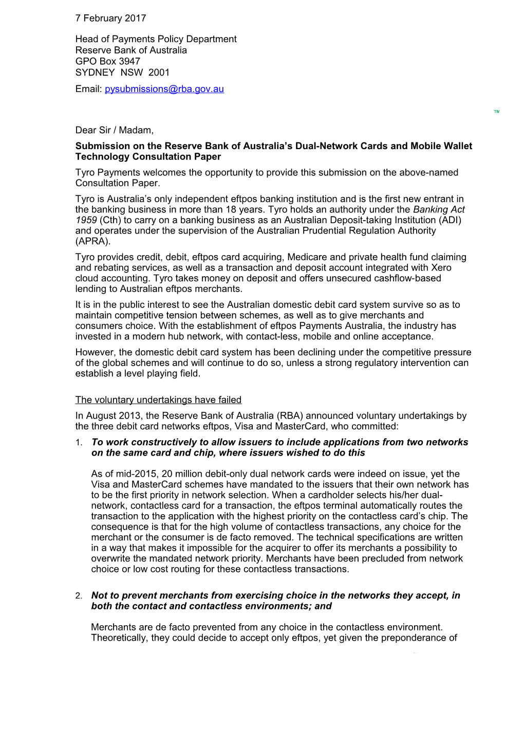 Submission on the Reserve Bank of Australia Sdual-Network Cards and Mobile Wallet Technology