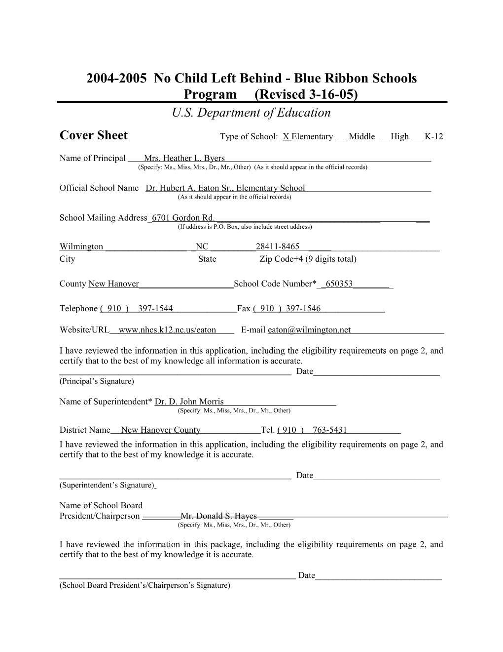 Dr. Hubert A. Eaton Sr. Elementary School Application: 2004-2005, No Child Left Behind