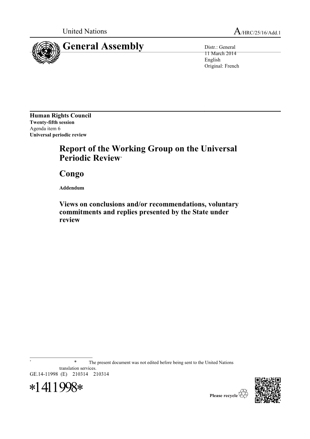 Addendum to the Report of the Working Group on the Universal Periodic Review - Congo in English