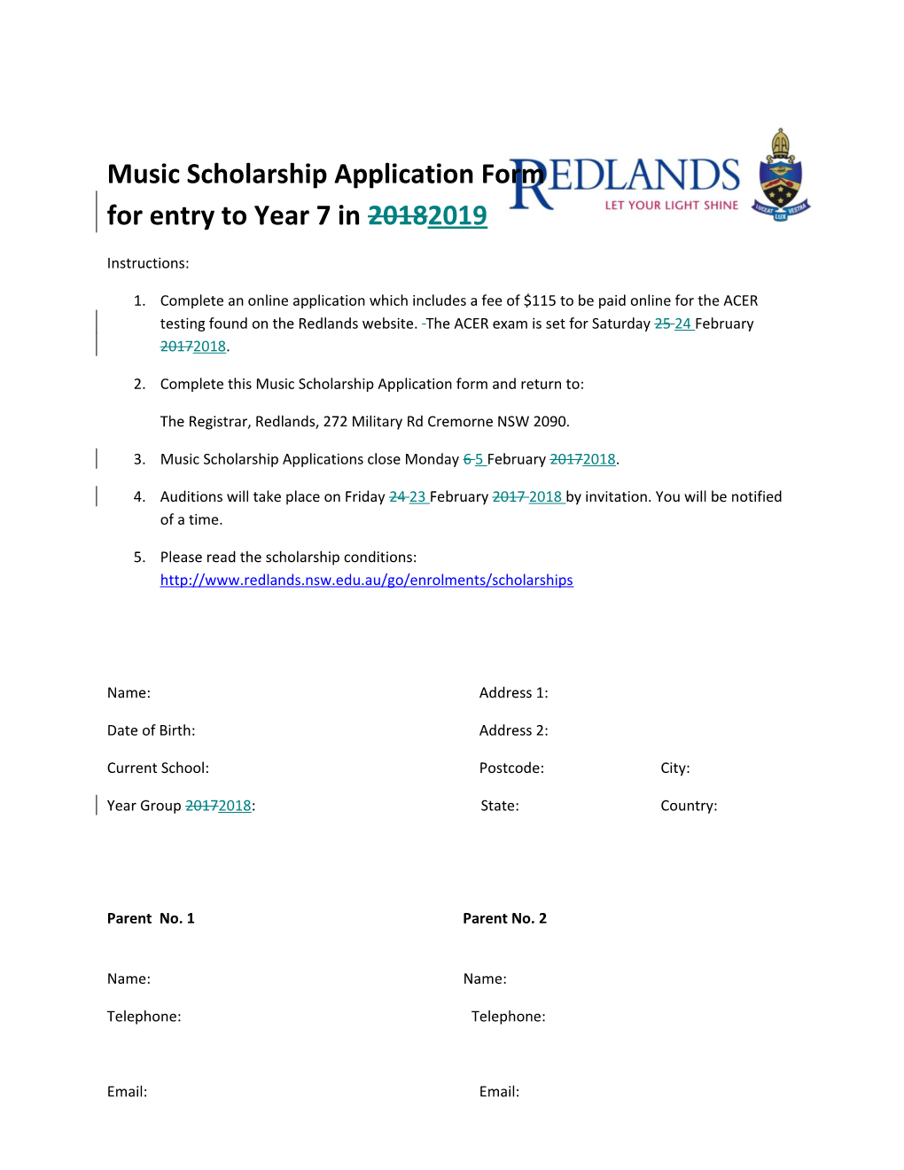 Music Scholarship Application Form for Entry to Year 7 in 20182019