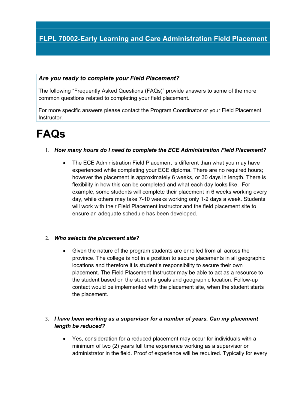 FLPL 70002-Early Learning and Careadministration Field Placement